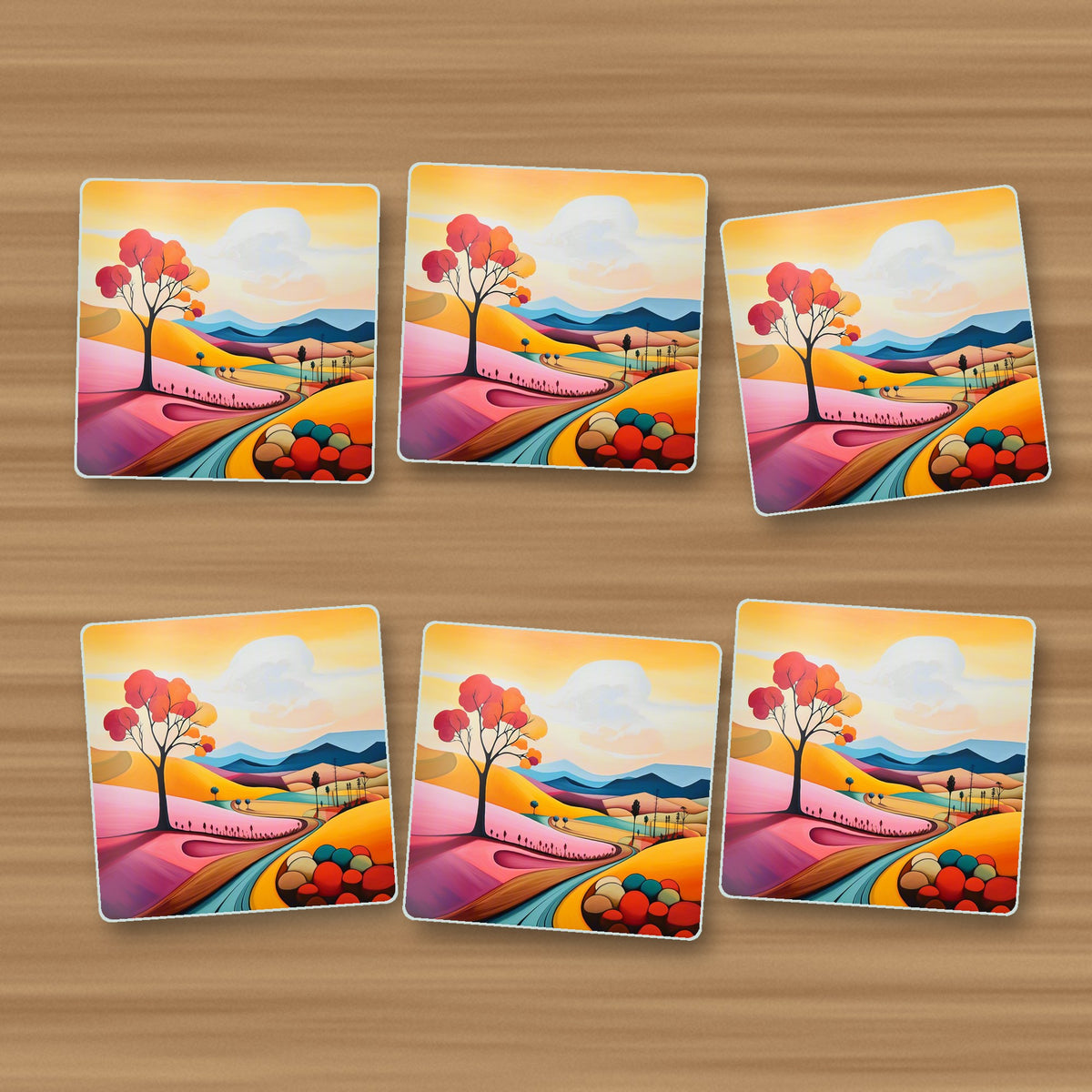 Colourful Hills & Red Tree square glass coasters, set of 6, on an oak coffee table