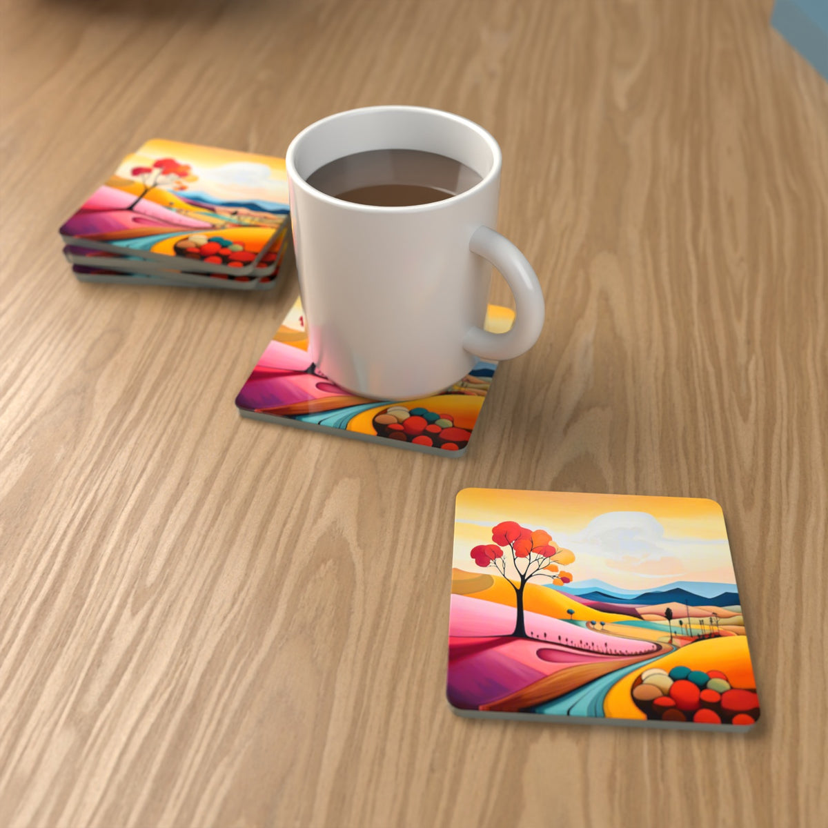 Colourful Hills & Red Tree Square Glass Coasters – Set of 6 – lifestyle mockup with a mug of coffee