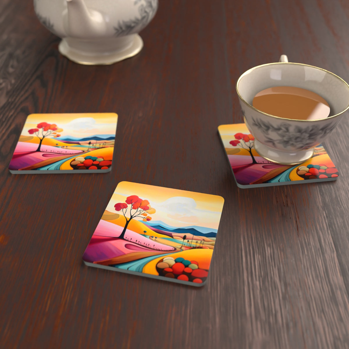 Colourful Hills & Red Tree Square Glass Coasters – Set of 6 – lifestyle mockup with a teacup