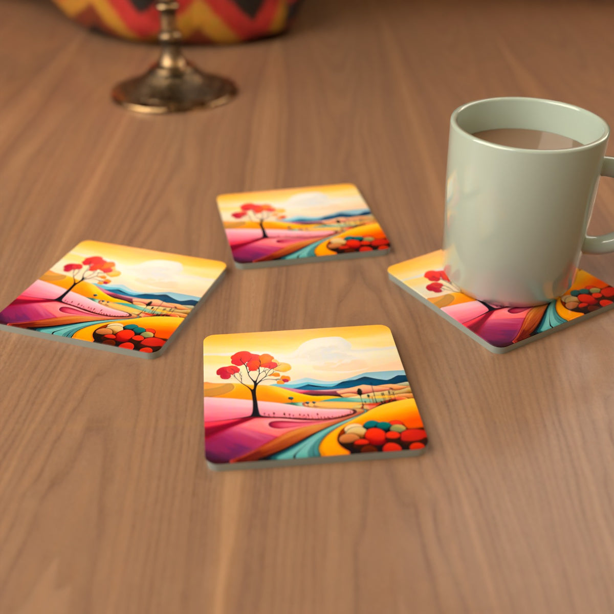 Colourful Hills & Red Tree Square Glass Coasters – Set of 6 – cosy lifestyle mockup