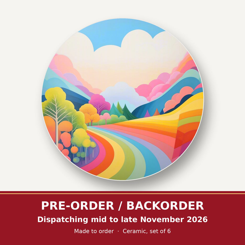 Rainbow Road Hills round ceramic coaster set of 6 – pre-order / backorder, dispatching mid to late November 2026