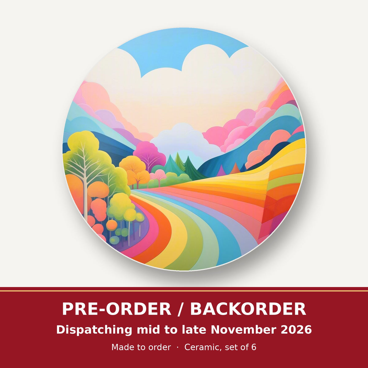 Rainbow Road Hills round ceramic coaster set of 6 – pre-order / backorder, dispatching mid to late November 2026