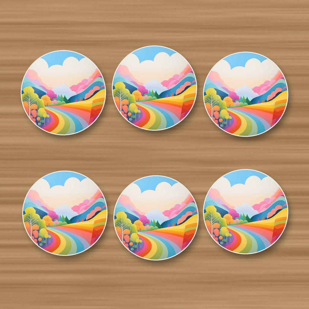 Rainbow Road Hills round ceramic coasters, set of 6, on an oak coffee table