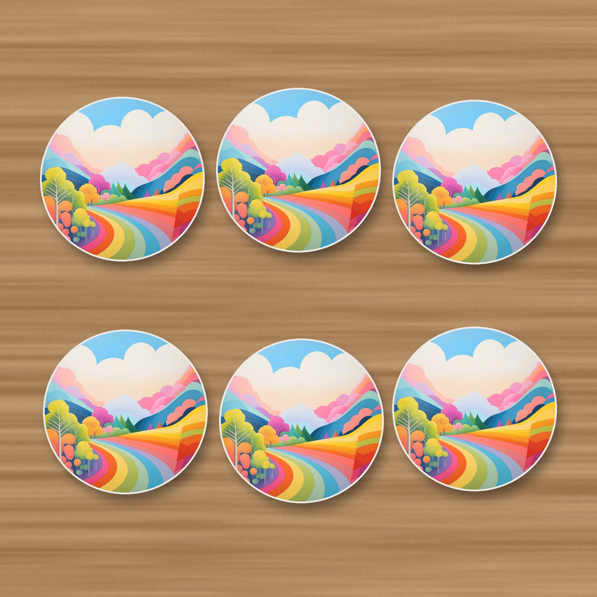 Rainbow Road Hills round ceramic coasters, set of 6, on an oak coffee table