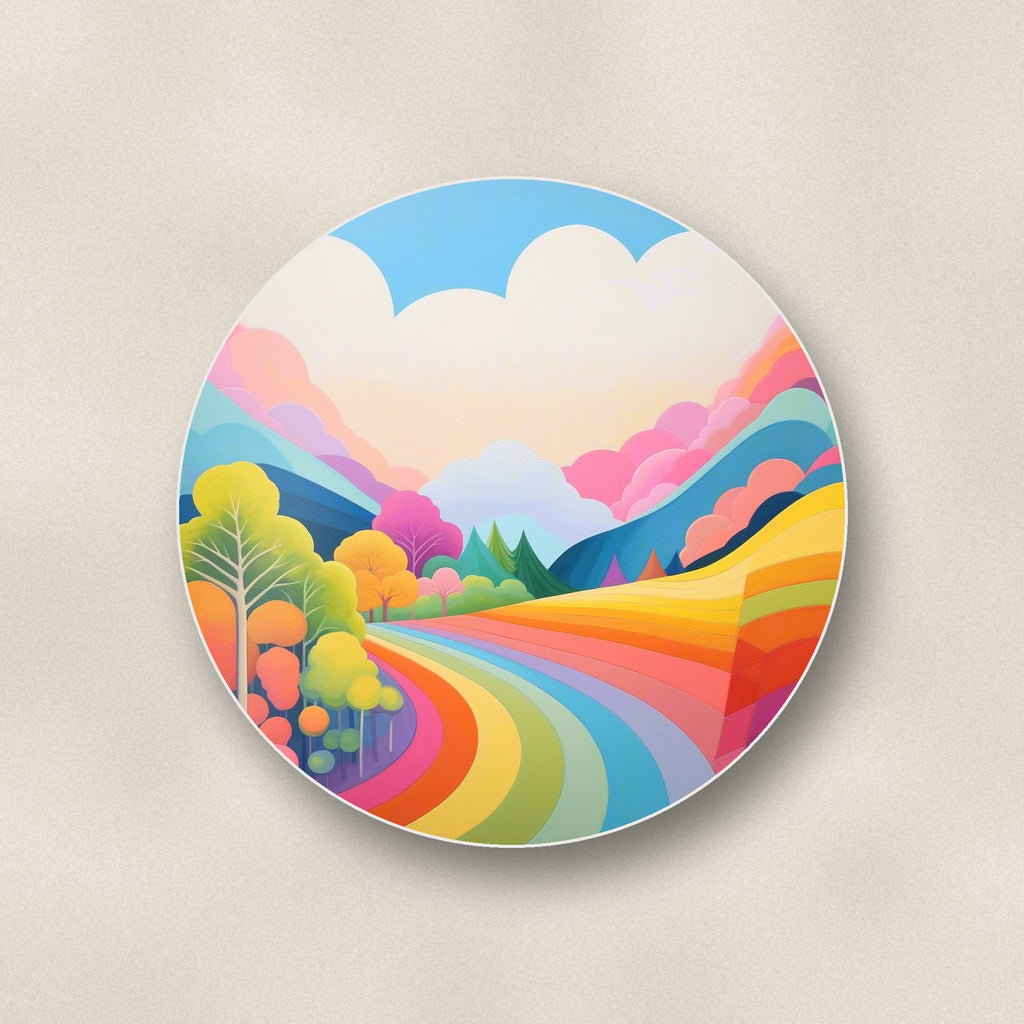 Close-up of one rainbow road hills round ceramic coaster, flat UV print