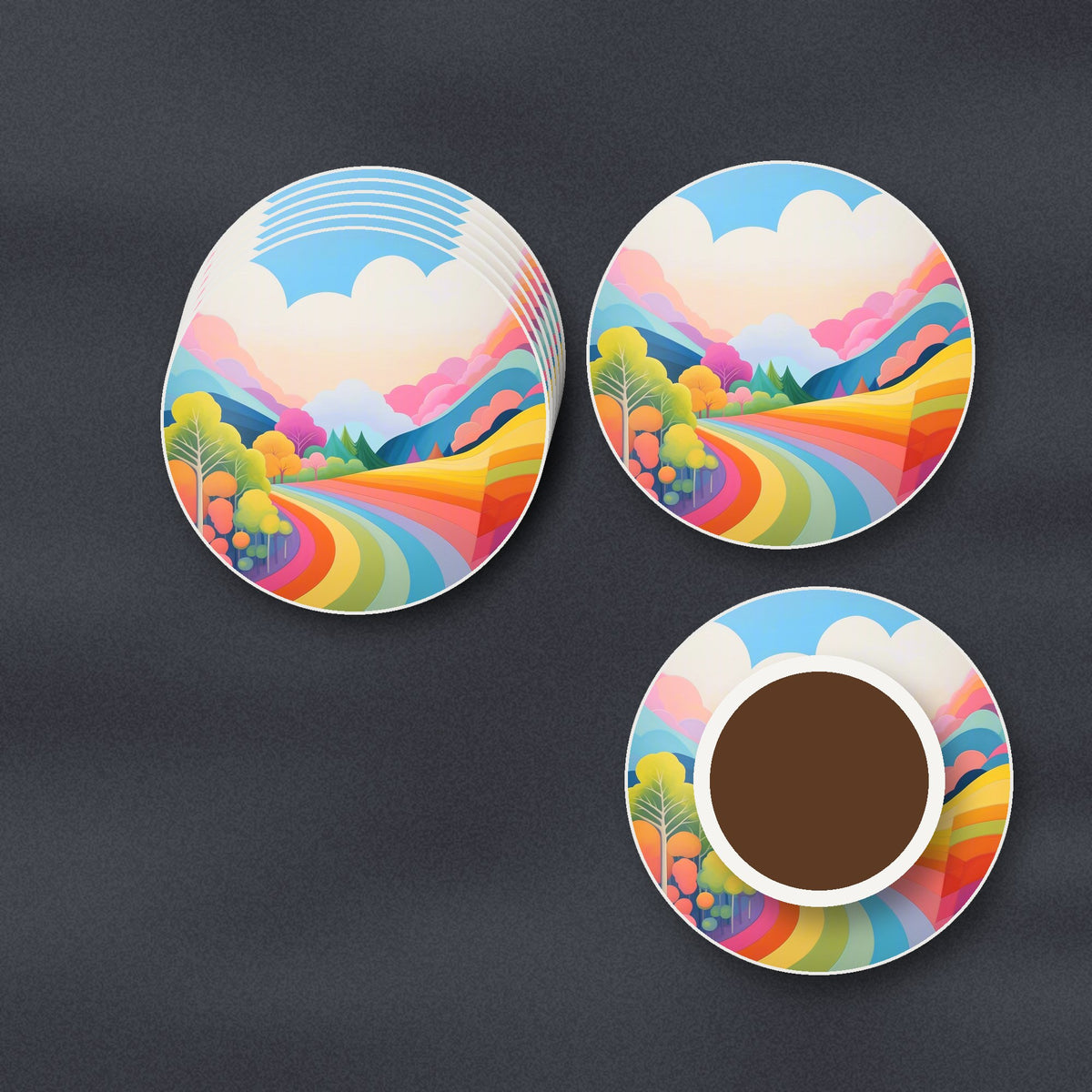 Rainbow Road Hills round ceramic coasters stacked on a slate kitchen worktop