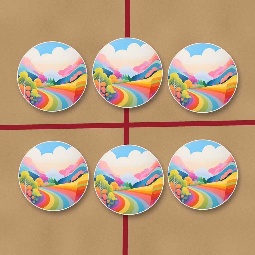 Rainbow Road Hills round ceramic coasters on kraft gift wrap