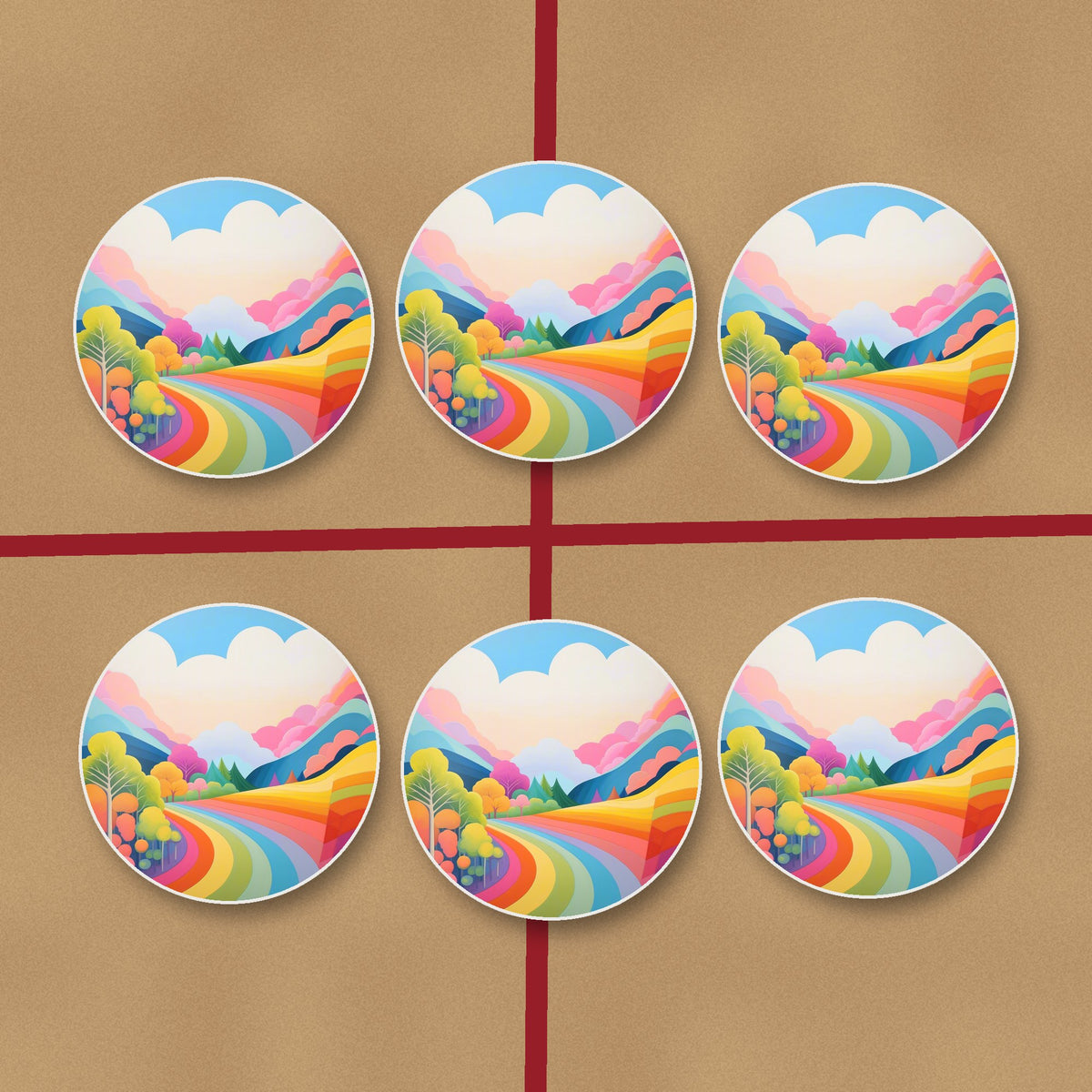 Rainbow Road Hills round ceramic coasters on kraft gift wrap