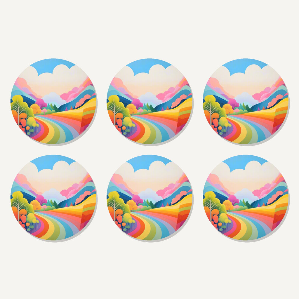 Flat lay of the rainbow road hills artwork on six round coasters