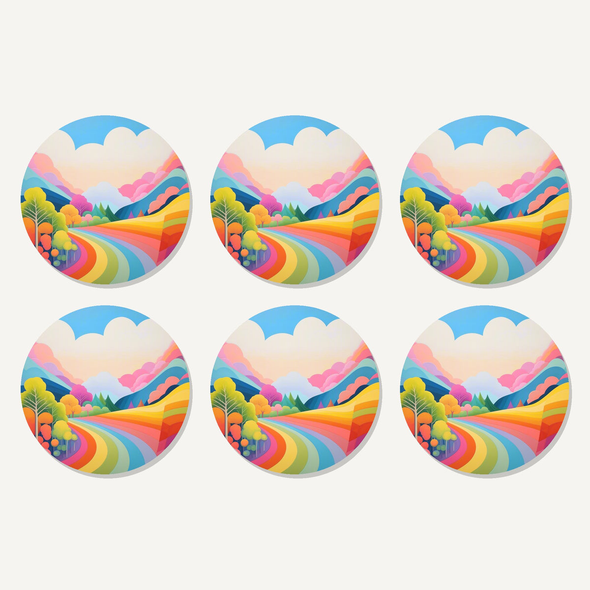 Flat lay of the rainbow road hills artwork on six round coasters