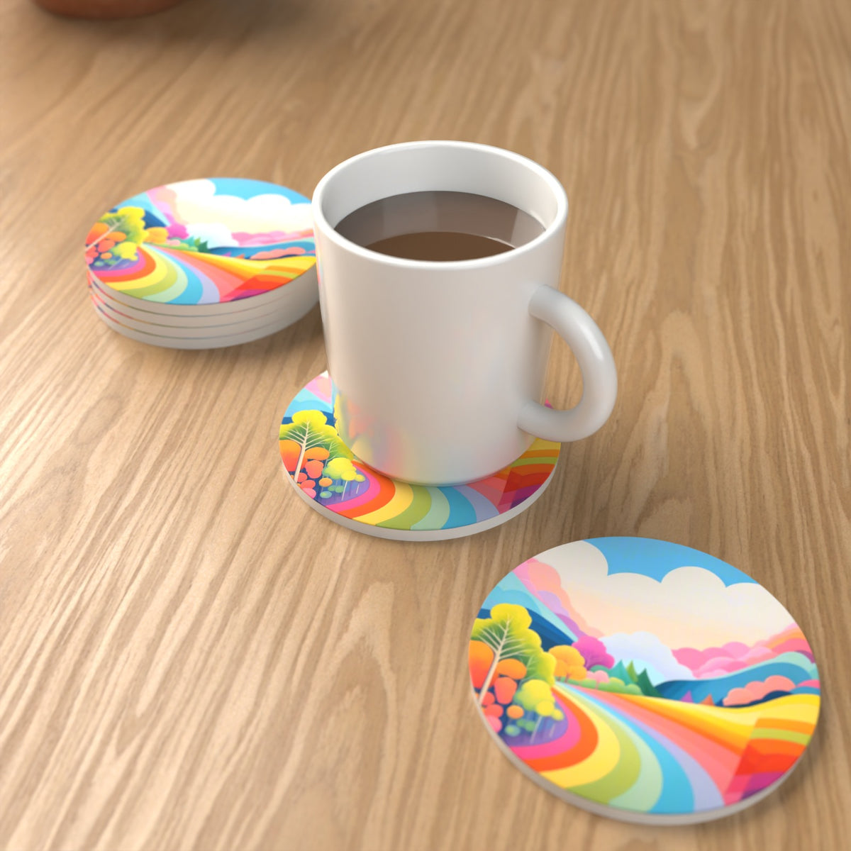 Rainbow Road Hills Round Ceramic Coasters – Set of 6 – lifestyle mockup with a mug of coffee