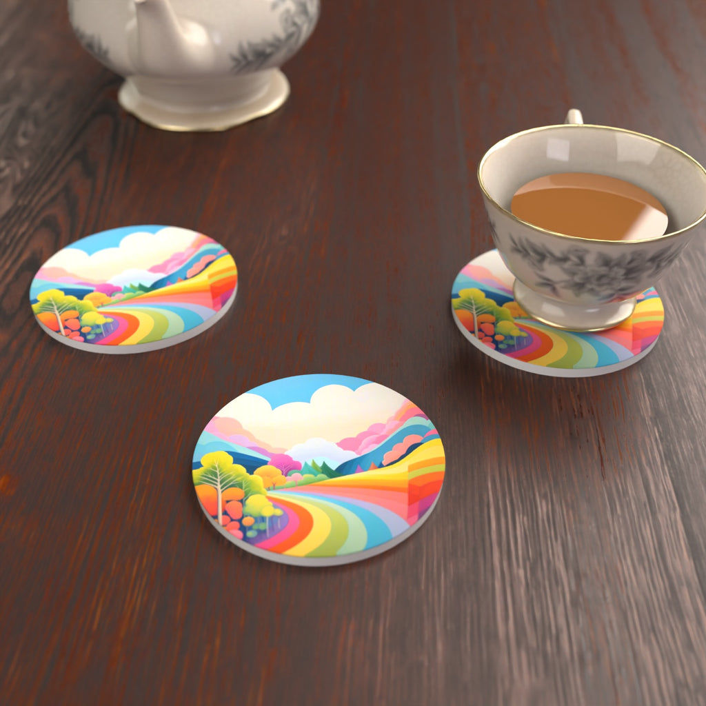 Rainbow Road Hills Round Ceramic Coasters – Set of 6 – lifestyle mockup with a teacup