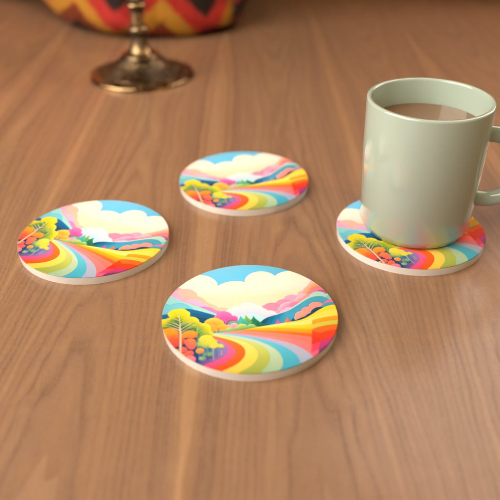 Rainbow Road Hills Round Ceramic Coasters – Set of 6 – cosy lifestyle mockup