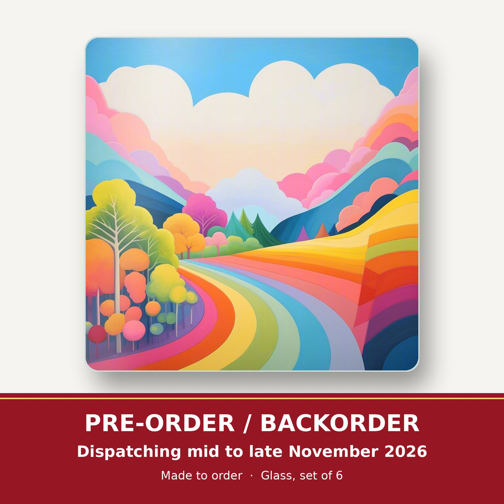 Rainbow Road Hills square glass coaster set of 6 – pre-order / backorder, dispatching mid to late November 2026