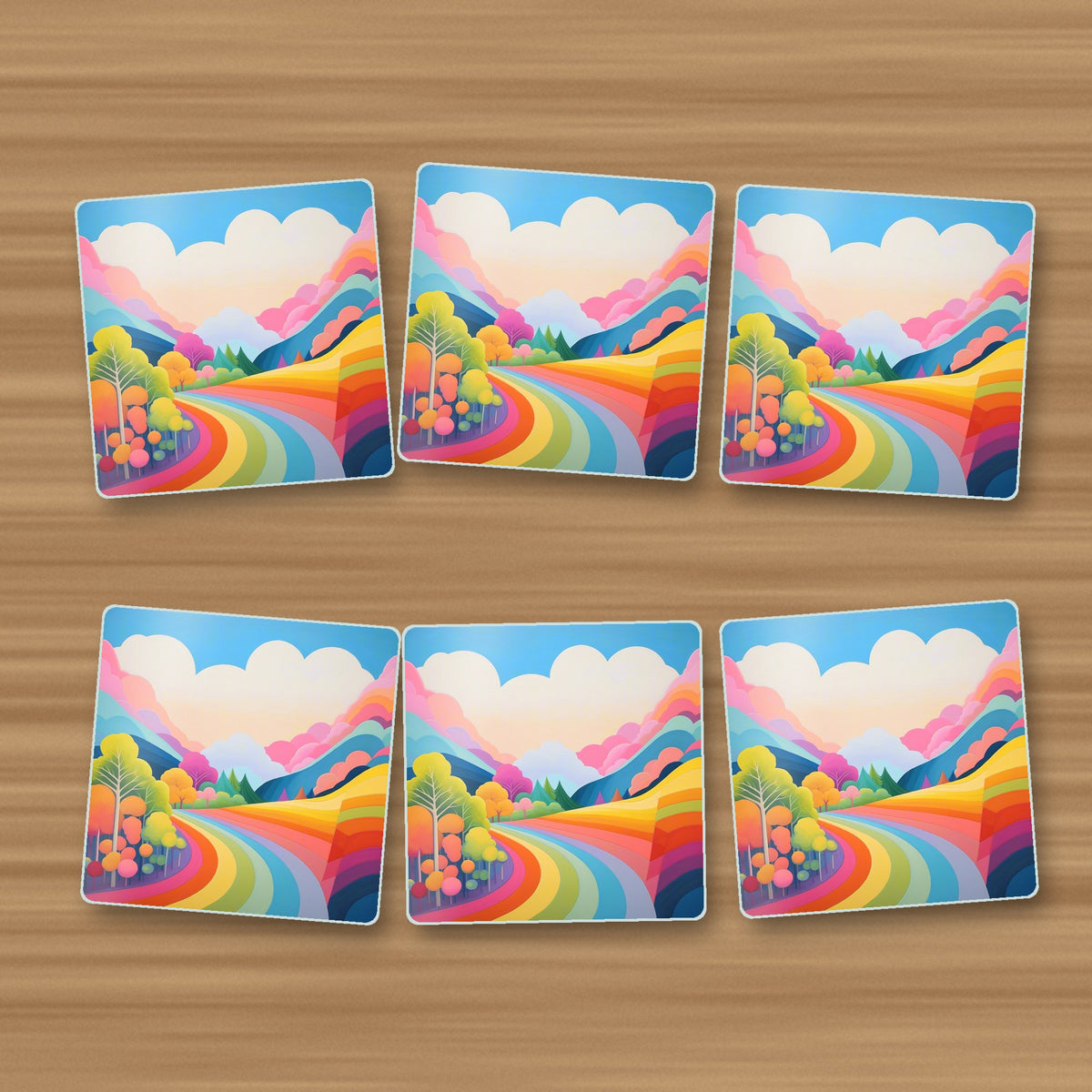 Rainbow Road Hills square glass coasters, set of 6, on an oak coffee table