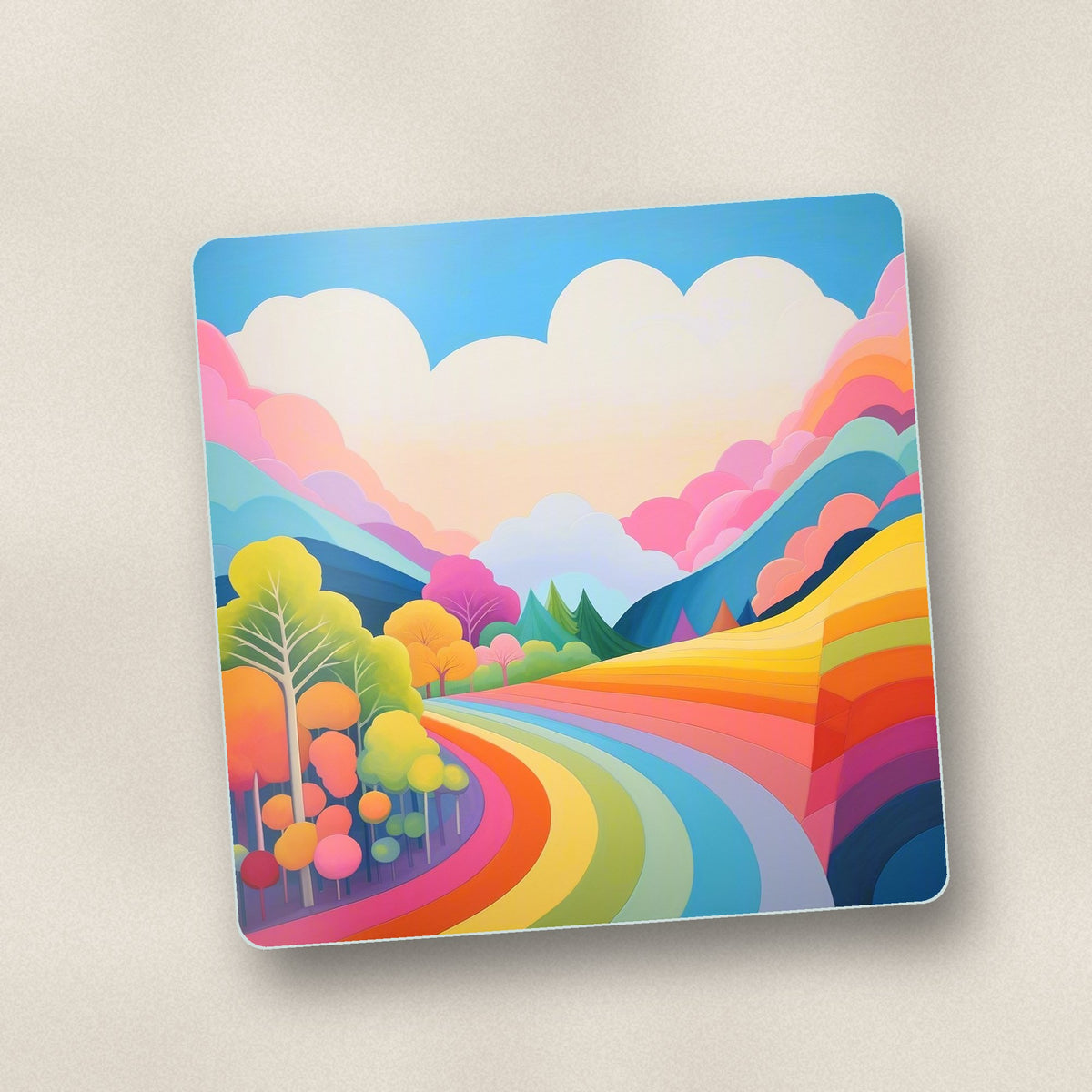 Close-up of one rainbow road hills square glass coaster, flat UV print