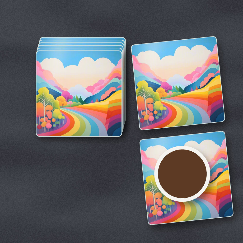 Rainbow Road Hills square glass coasters stacked on a slate kitchen worktop