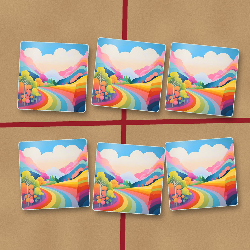 Rainbow Road Hills square glass coasters on kraft gift wrap