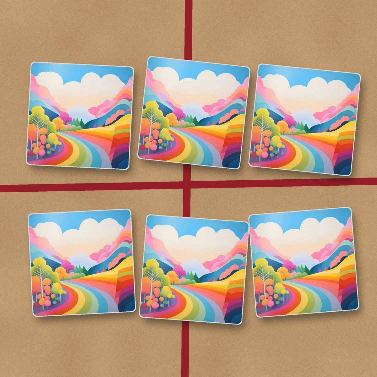 Rainbow Road Hills square glass coasters on kraft gift wrap