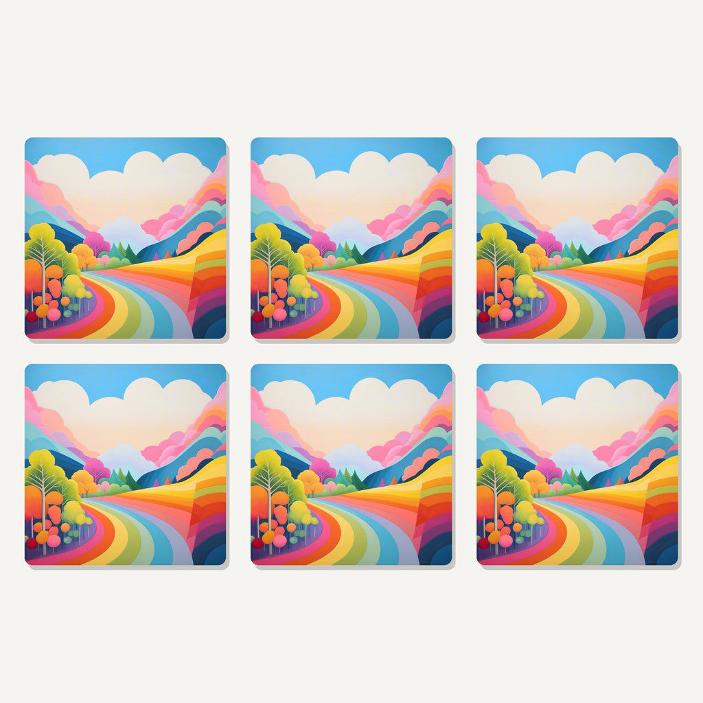Flat lay of the rainbow road hills artwork on six square coasters