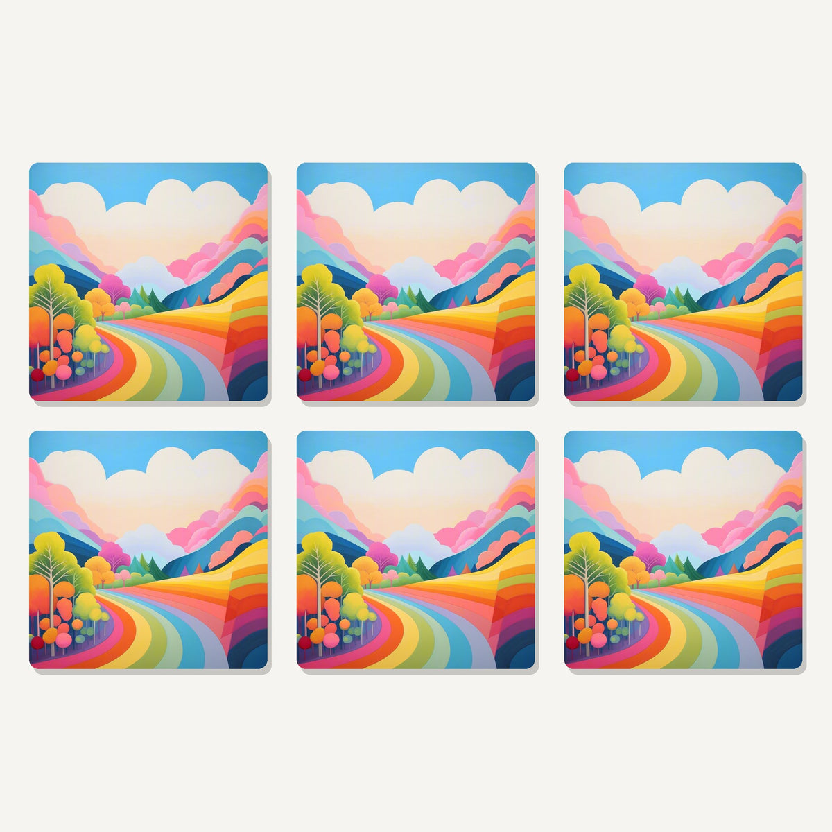Flat lay of the rainbow road hills artwork on six square coasters