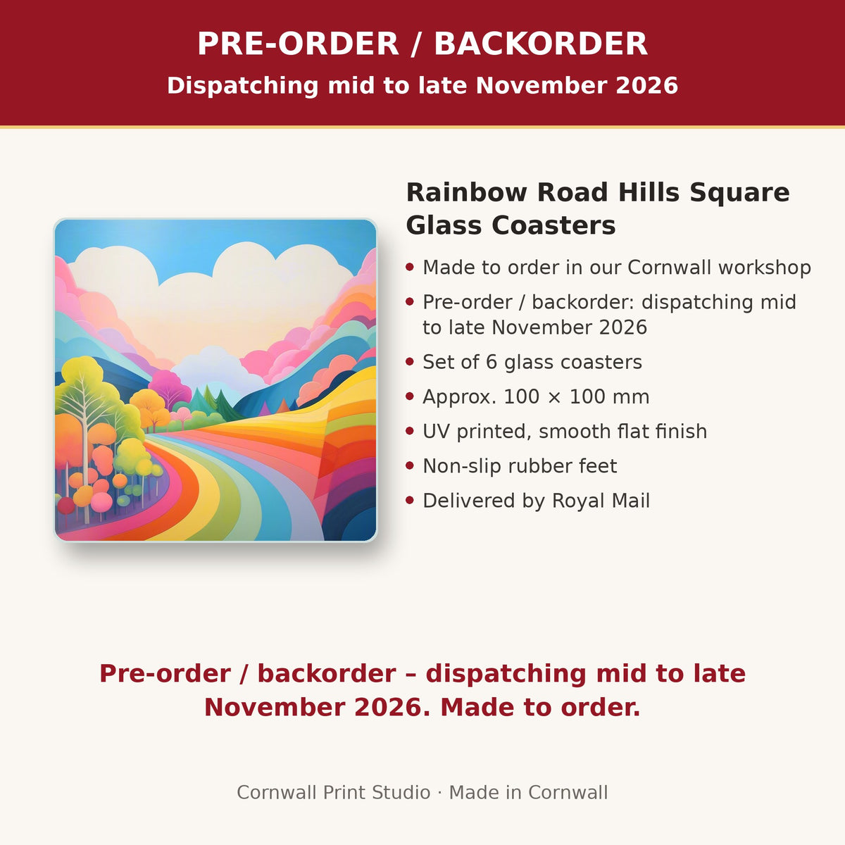 Info card: Rainbow Road Hills Square Glass Coasters – Set of 6, made to order, dispatching mid to late November 2026, delivered by Royal Mail