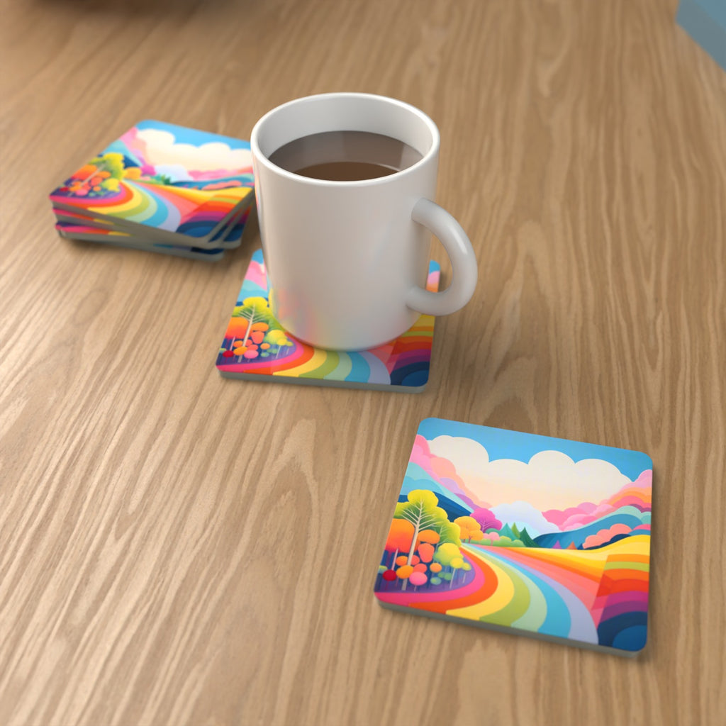 Rainbow Road Hills Square Glass Coasters – Set of 6 – lifestyle mockup with a mug of coffee