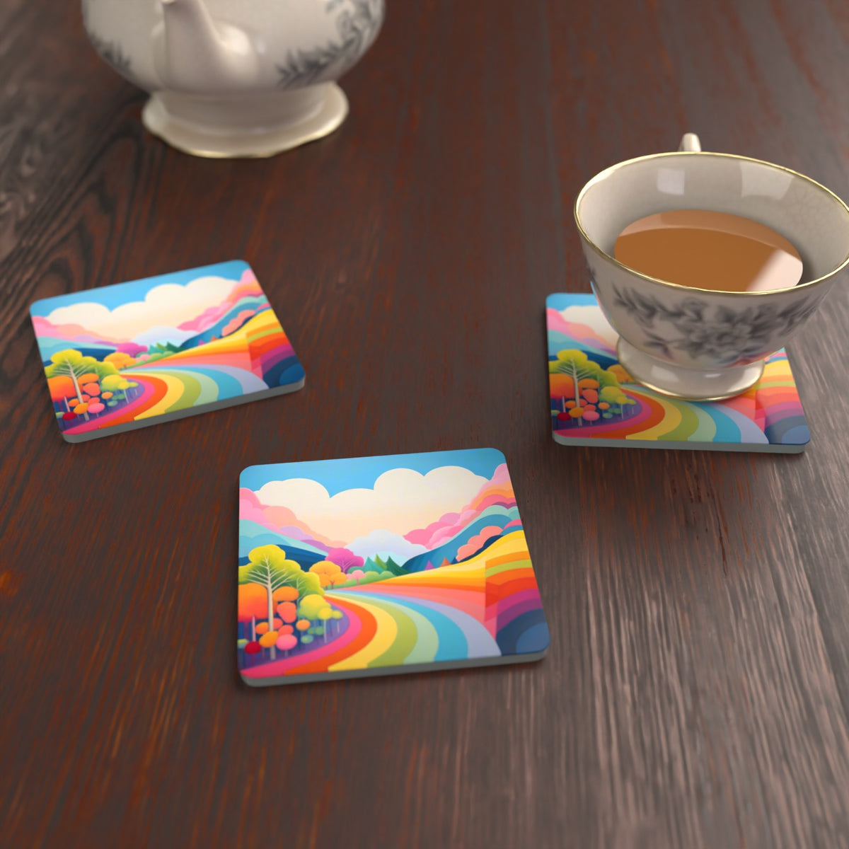Rainbow Road Hills Square Glass Coasters – Set of 6 – lifestyle mockup with a teacup