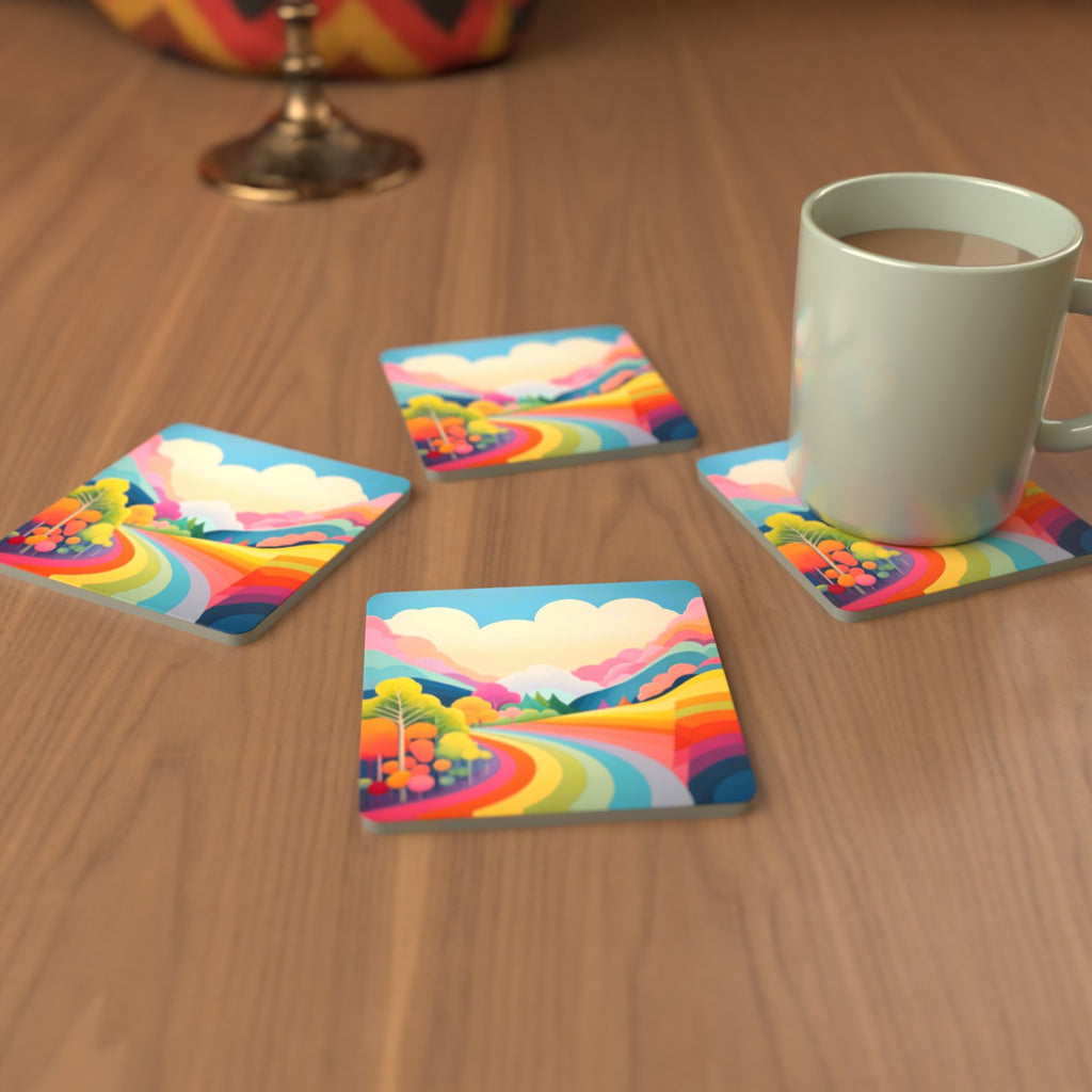 Rainbow Road Hills Square Glass Coasters – Set of 6 – cosy lifestyle mockup