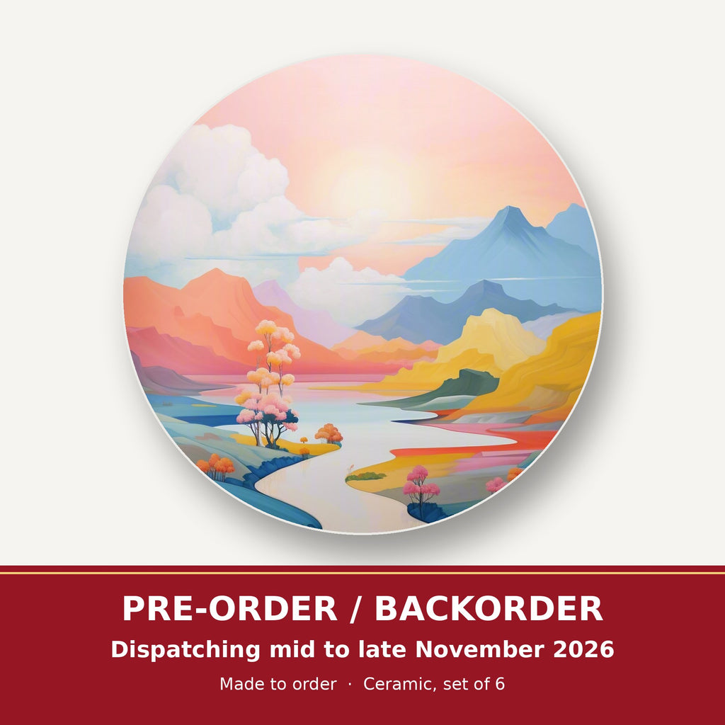 Pastel River Valley round ceramic coaster set of 6 – pre-order / backorder, dispatching mid to late November 2026