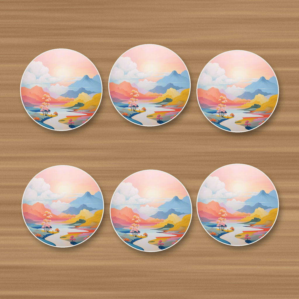 Pastel River Valley round ceramic coasters, set of 6, on an oak coffee table