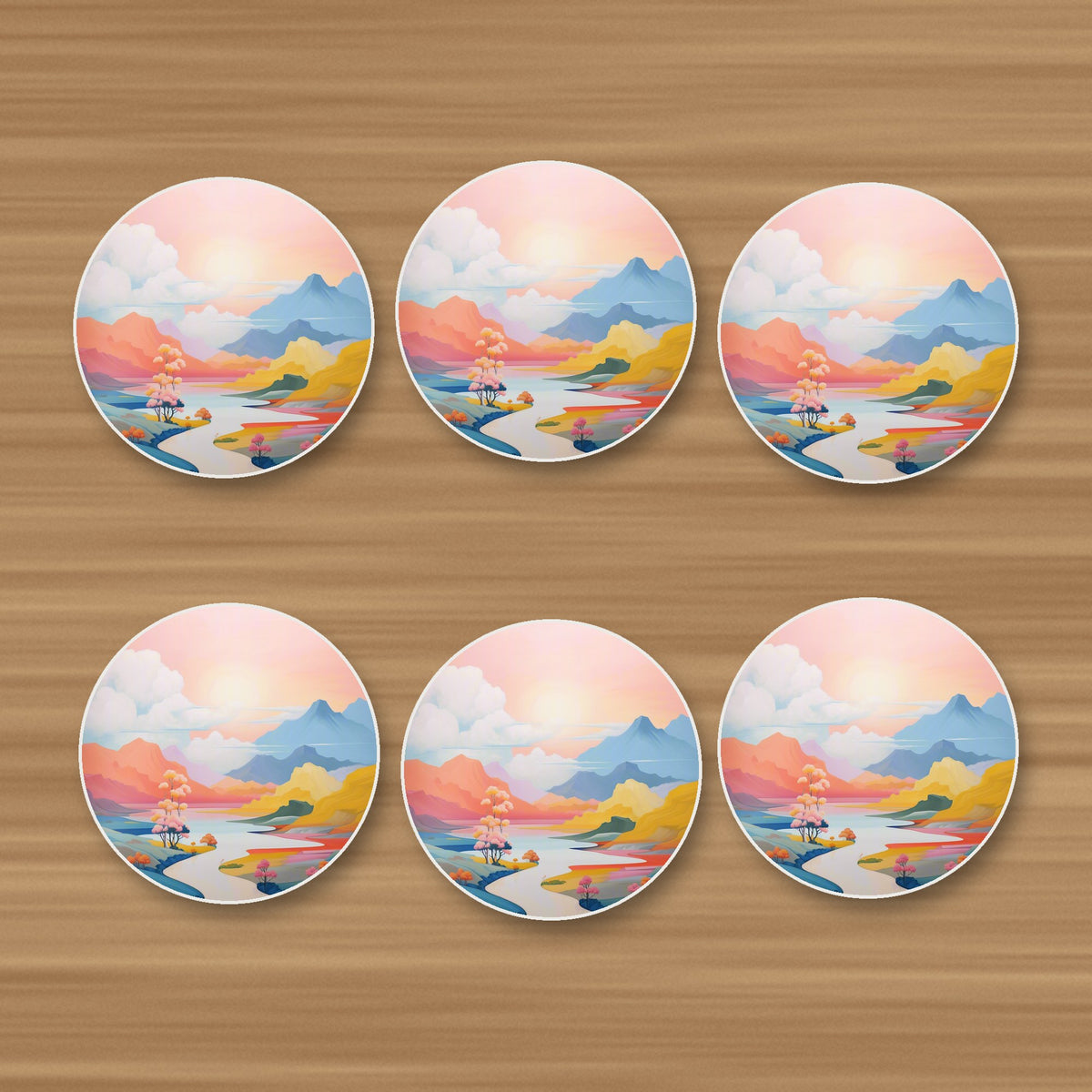 Pastel River Valley round ceramic coasters, set of 6, on an oak coffee table