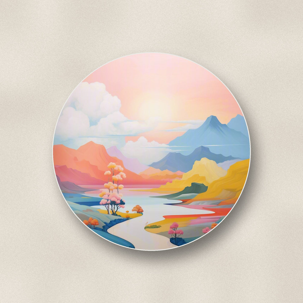 Close-up of one pastel river valley round ceramic coaster, flat UV print