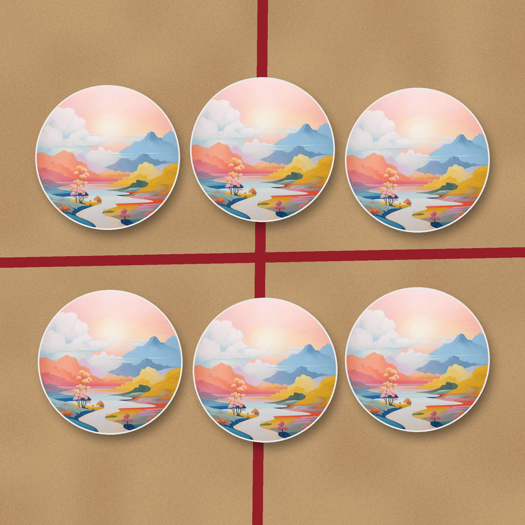 Pastel River Valley round ceramic coasters on kraft gift wrap