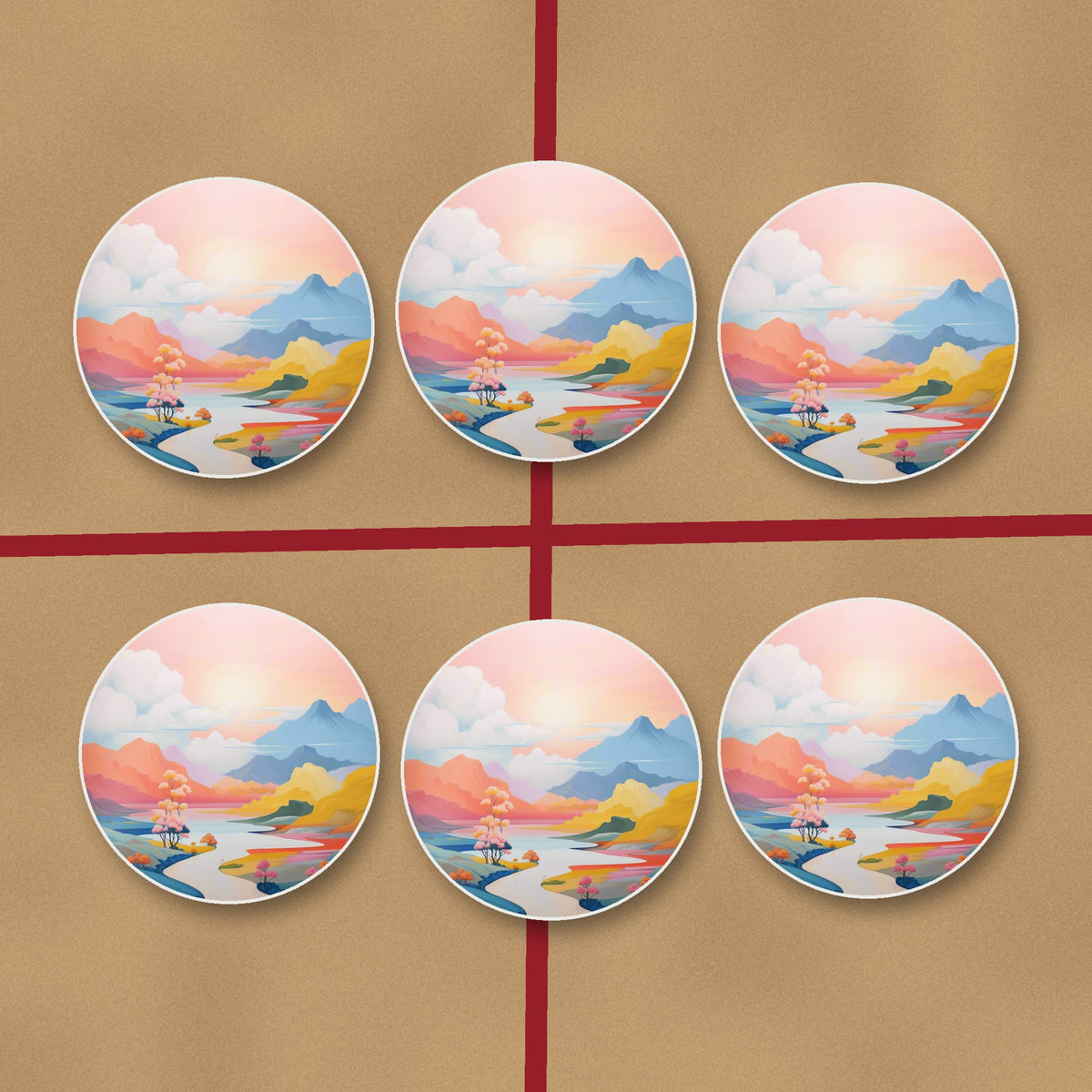 Pastel River Valley round ceramic coasters on kraft gift wrap