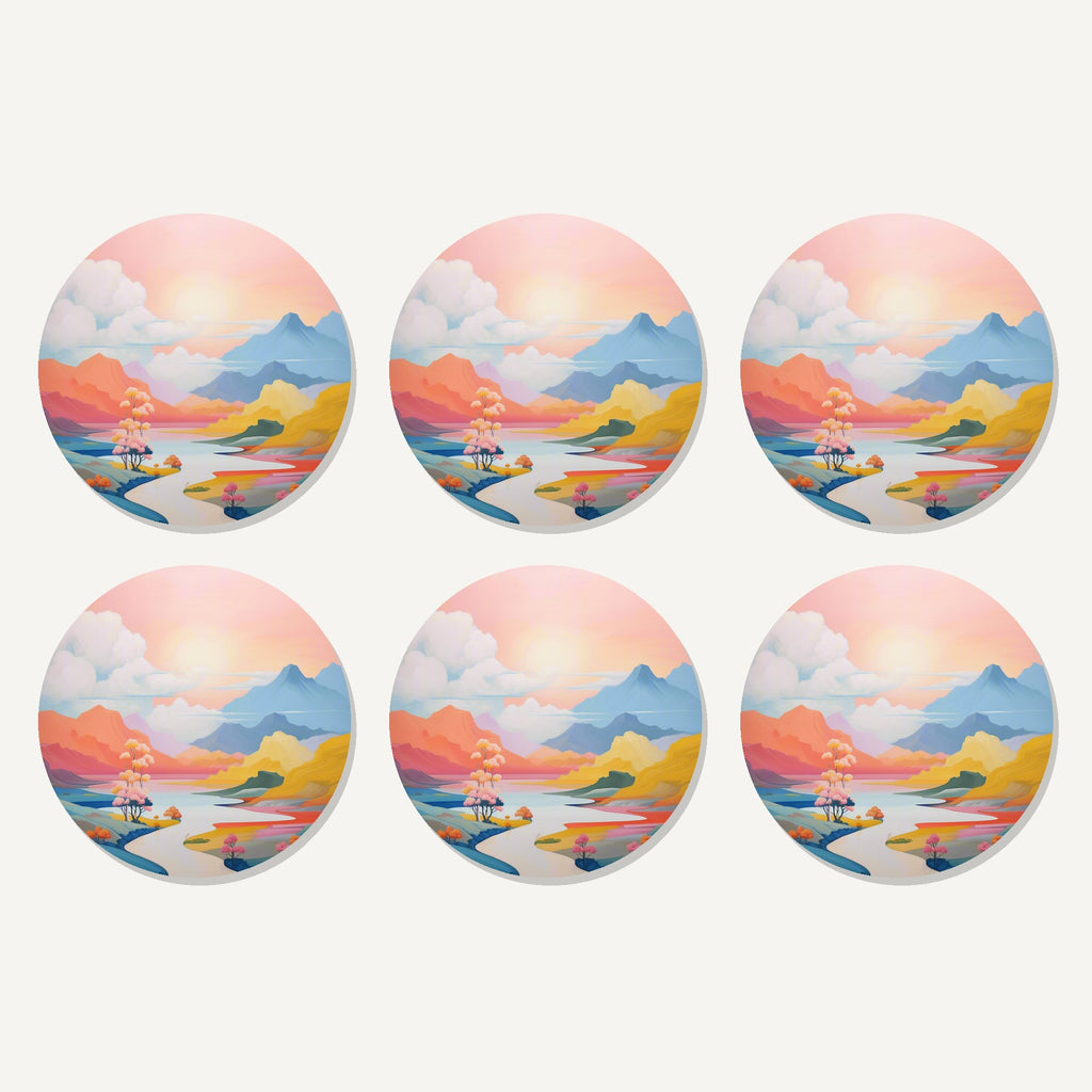 Flat lay of the pastel river valley artwork on six round coasters