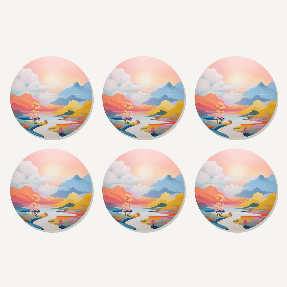 Flat lay of the pastel river valley artwork on six round coasters