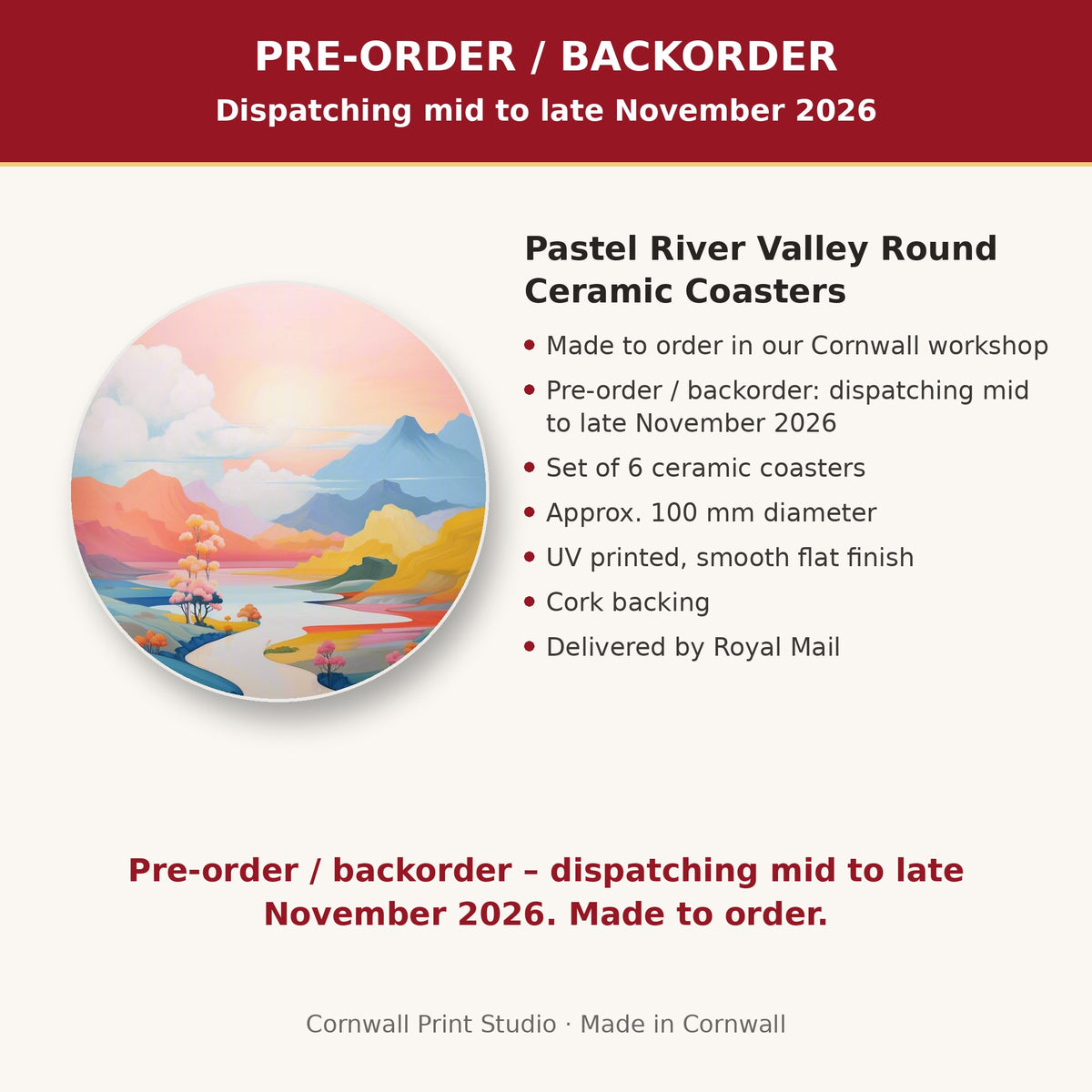 Info card: Pastel River Valley Round Ceramic Coasters – Set of 6, made to order, dispatching mid to late November 2026, delivered by Royal Mail