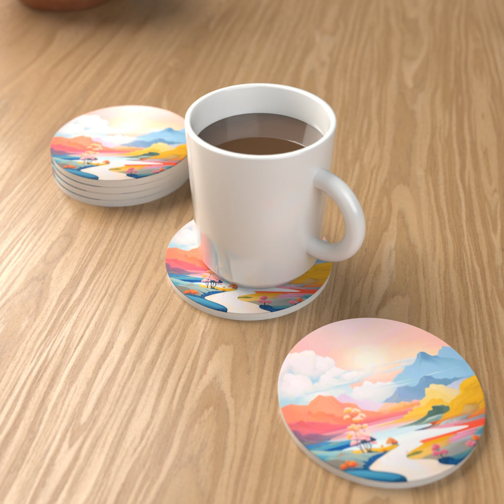 Pastel River Valley Round Ceramic Coasters – Set of 6 – lifestyle mockup with a mug of coffee