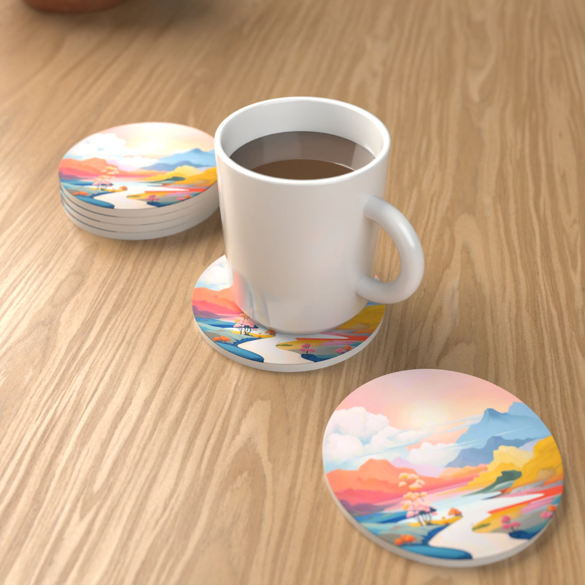 Pastel River Valley Round Ceramic Coasters – Set of 6 – lifestyle mockup with a mug of coffee