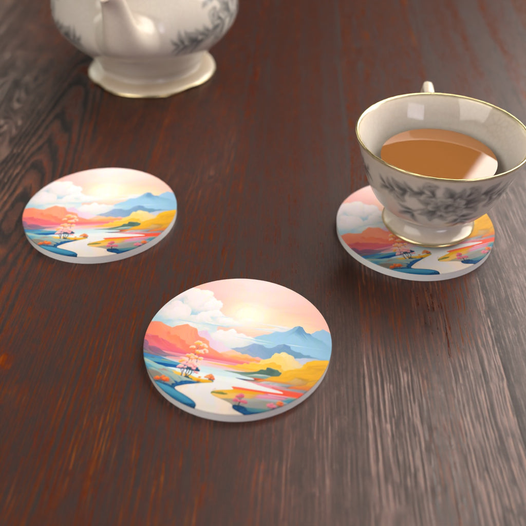 Pastel River Valley Round Ceramic Coasters – Set of 6 – lifestyle mockup with a teacup