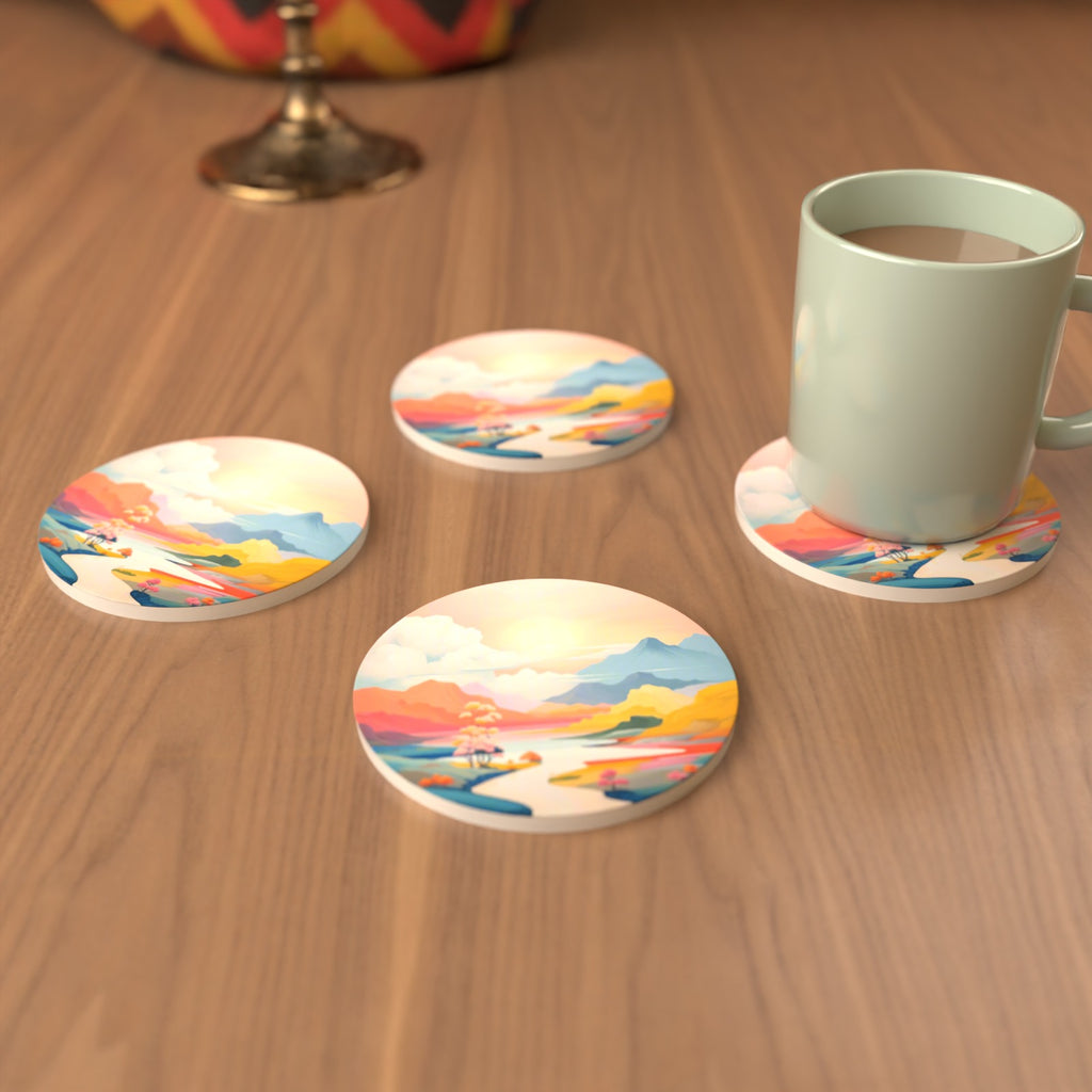 Pastel River Valley Round Ceramic Coasters – Set of 6 – cosy lifestyle mockup