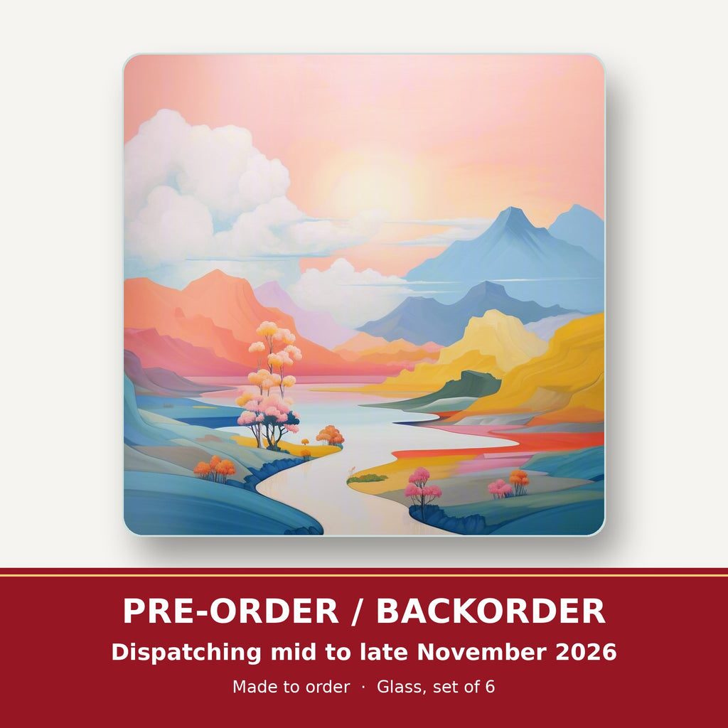 Pastel River Valley square glass coaster set of 6 – pre-order / backorder, dispatching mid to late November 2026