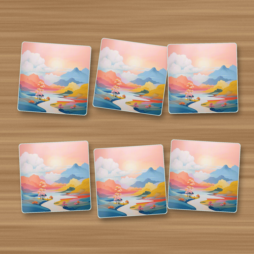 Pastel River Valley square glass coasters, set of 6, on an oak coffee table