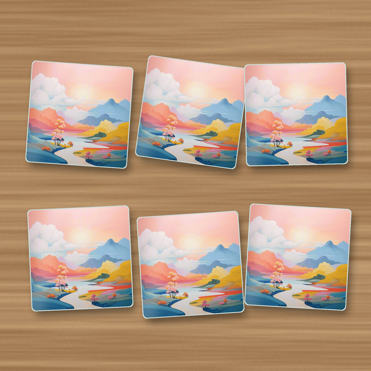 Pastel River Valley square glass coasters, set of 6, on an oak coffee table