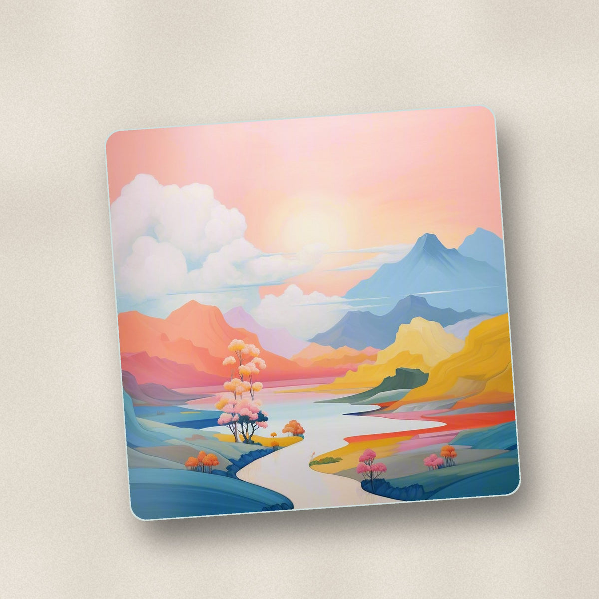 Close-up of one pastel river valley square glass coaster, flat UV print