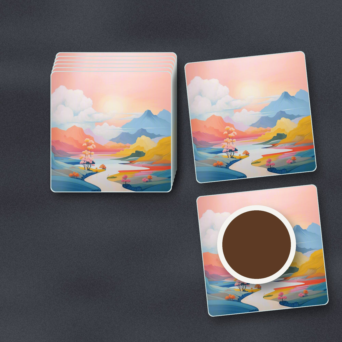 Pastel River Valley square glass coasters stacked on a slate kitchen worktop