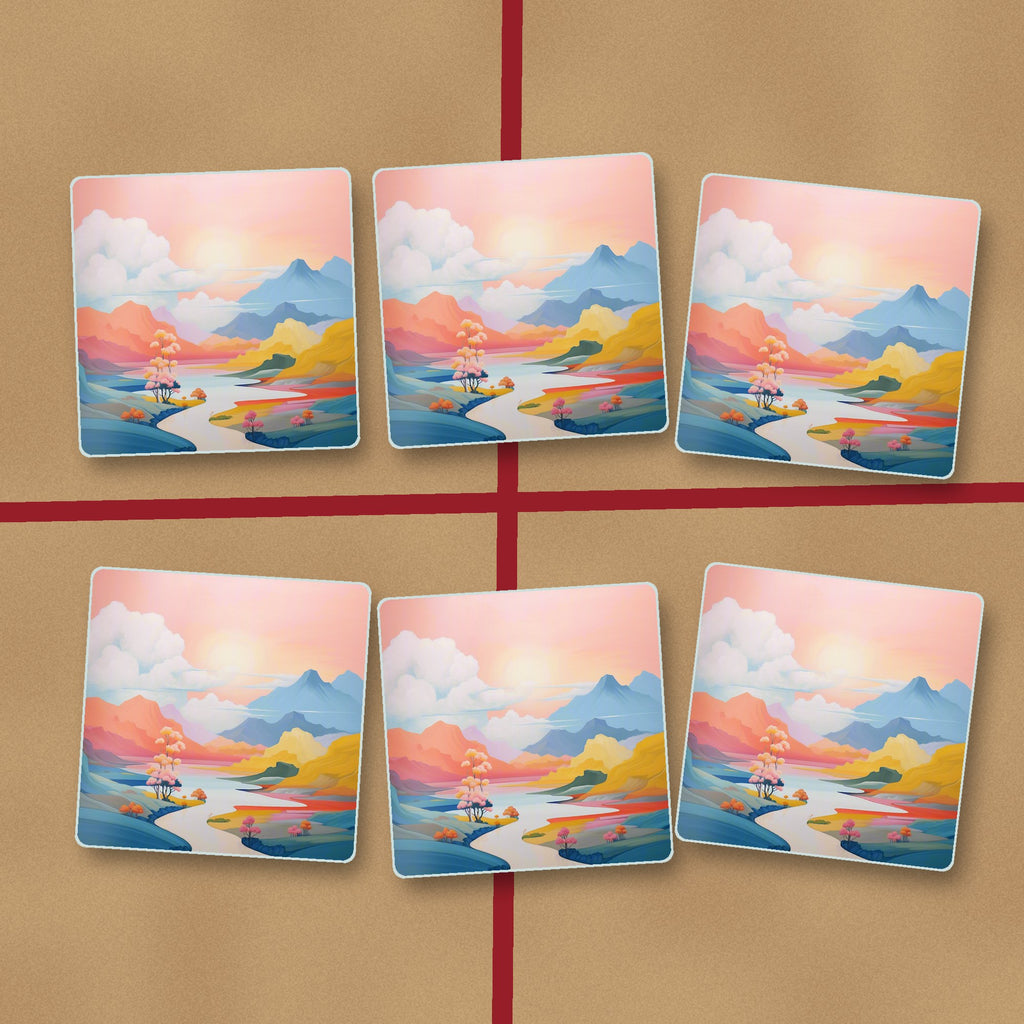 Pastel River Valley square glass coasters on kraft gift wrap