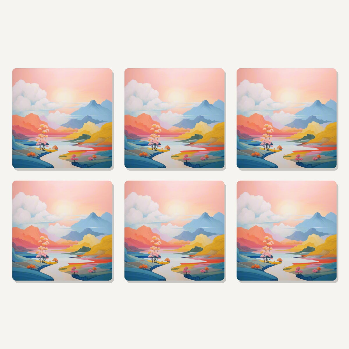 Flat lay of the pastel river valley artwork on six square coasters