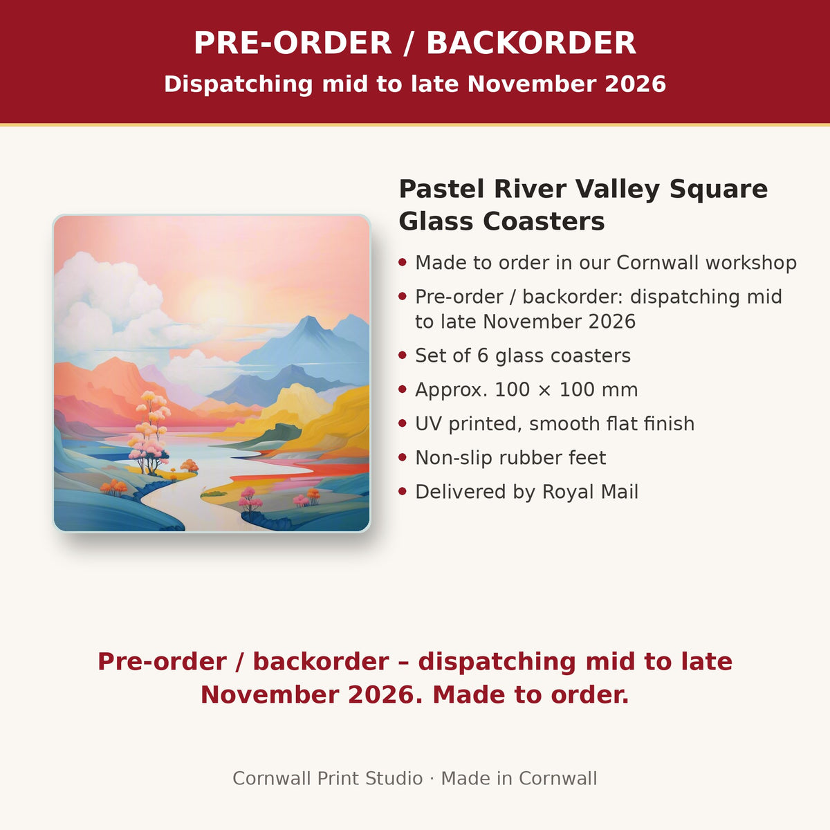 Info card: Pastel River Valley Square Glass Coasters – Set of 6, made to order, dispatching mid to late November 2026, delivered by Royal Mail
